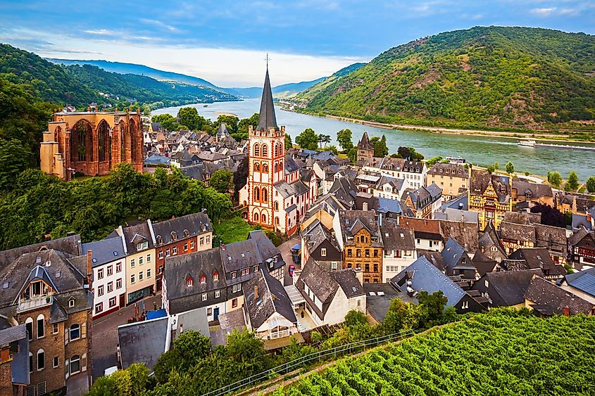 Aerial panoramic view of Bacharach, a small town in the Rhine valley, Rhineland-Palatinate, Germany.