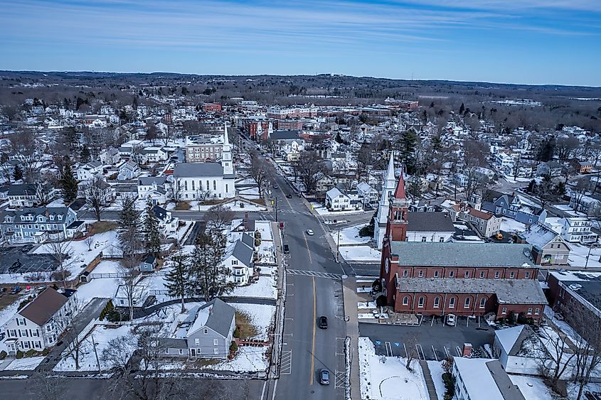 Aerial view of Westborough, Massachusetts in late winter.
