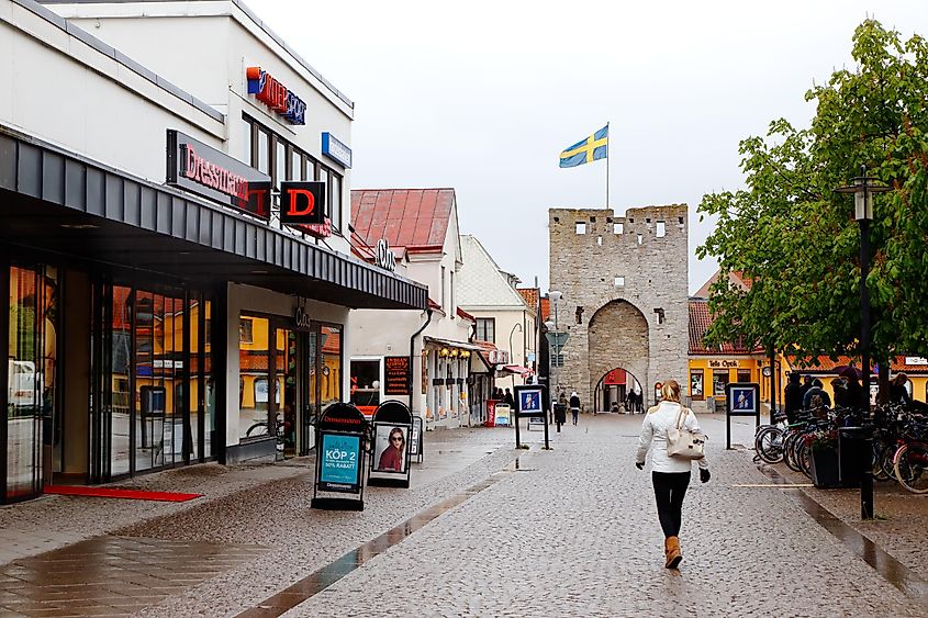 Downtown Visby in Ostercentrum with the Osterport gate