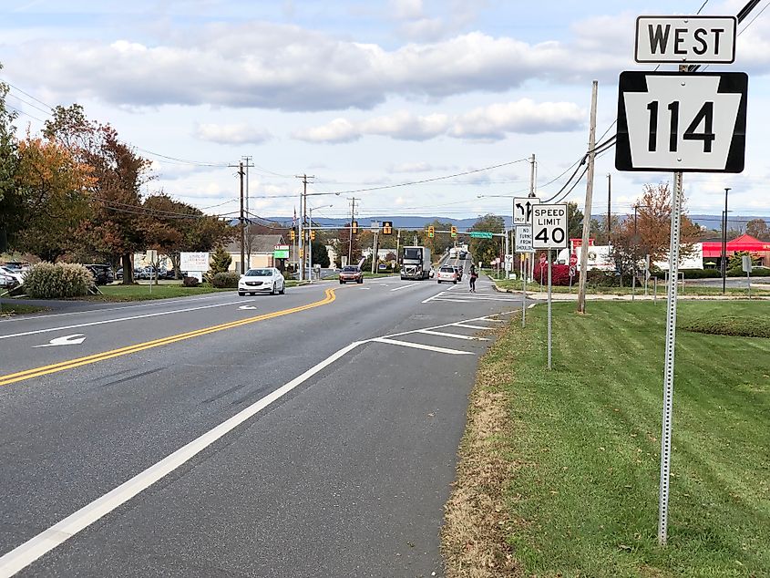 View west along Pennsylvania State Route 114 (South Market Street) at Winding Hill Road in Upper Allen Township, Pennsylvania
