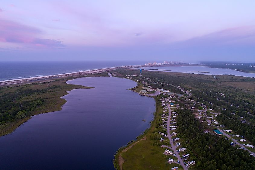 Aerial view of the Gulf State Park in Gulf Shores, Alabama, at sunrise.