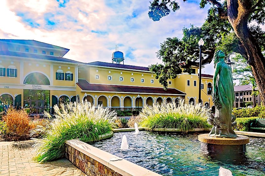 A statue of Daphne, a naiad in Greek mythology, stands in front of Daphne City Hall in Daphne, Alabama.