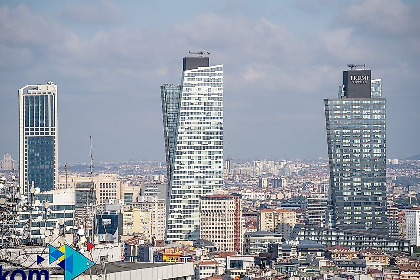 Aerial view of Trump Towers Istanbul are two conjoined towers in Sisli district. Istanbul, Turkey