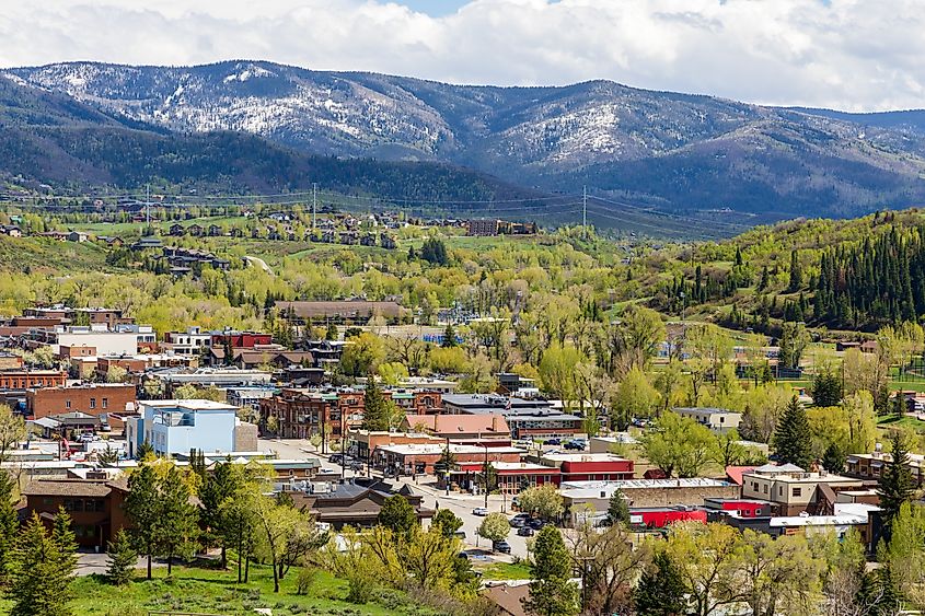 Aerial View of Downtown Steamboat Springs, Colorado, in the spring