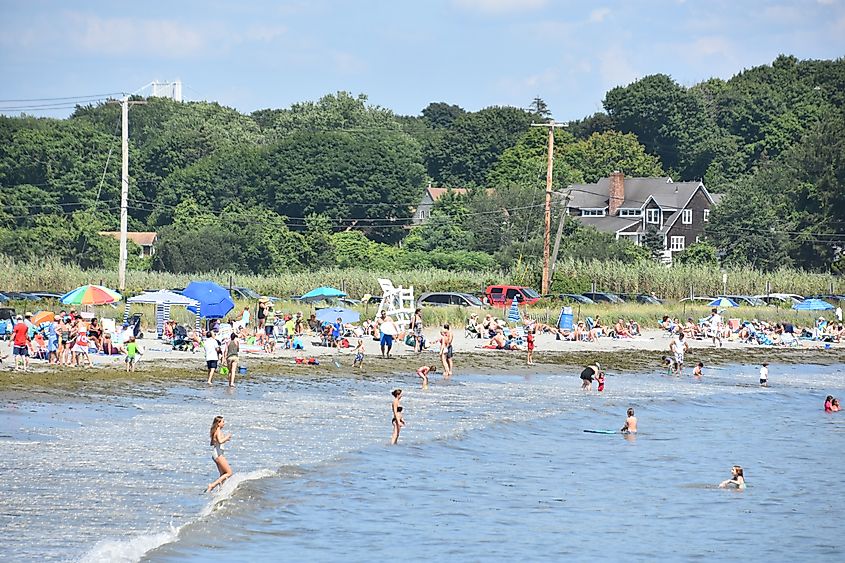 Beach in Jamestown, Rhode Island, with sandy shores and ocean views.