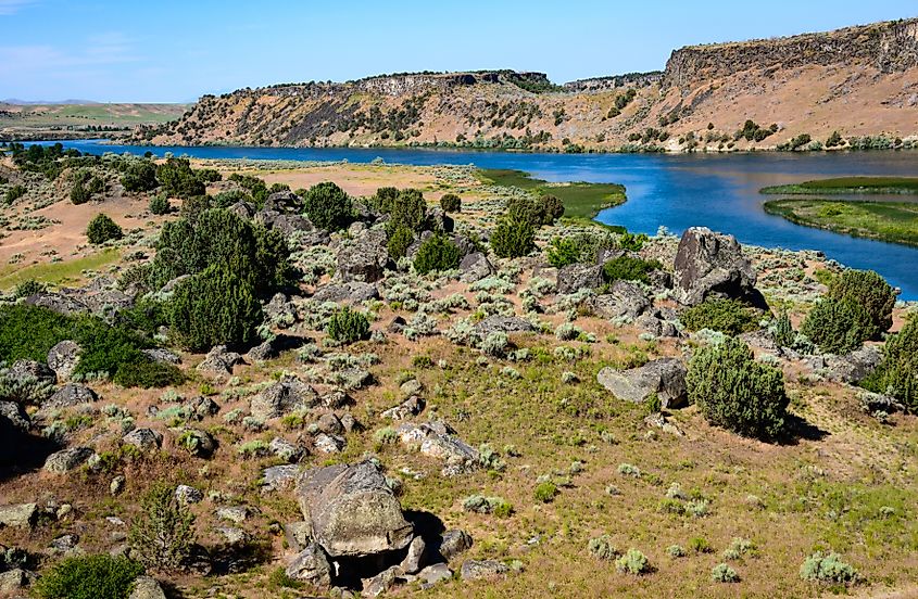 Massacre Rocks State Park in Idaho, featuring dramatic rock formations, rugged landscapes, and scenic views along the Snake River