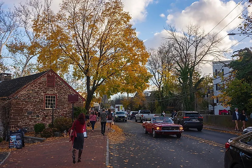 Main Street in New Hope, Pennsylvania, on a busy autumn day.