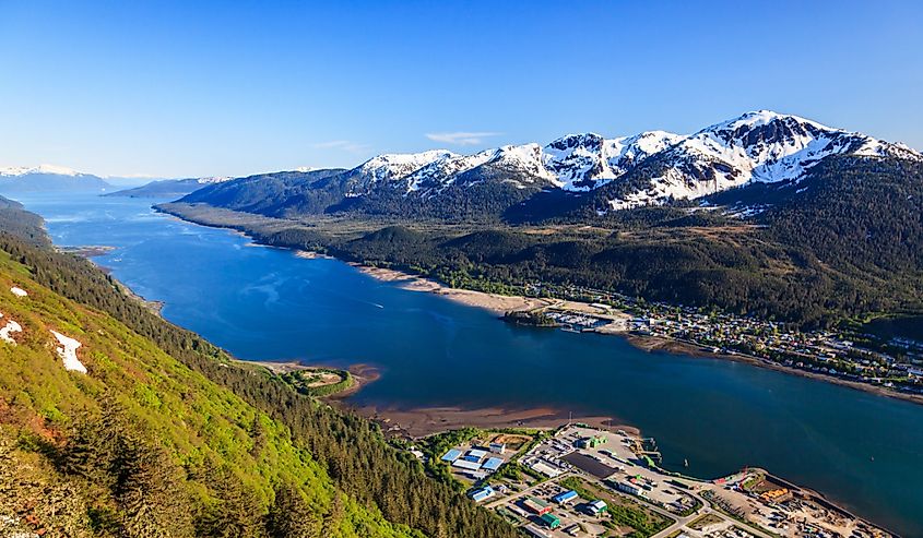  Aerial view of the Gastineau channel and Douglas Island in Juneau.
