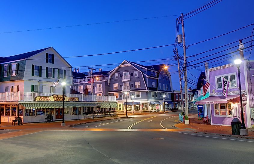 Morning view of shops along Railroad Ave in York Beach village within the town of York, Maine