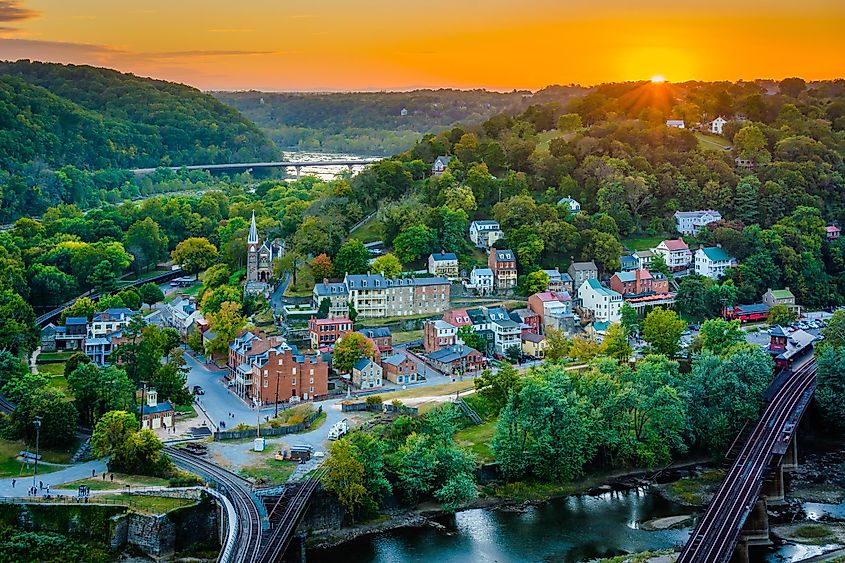 A stunning sunset view of Harpers Ferry, West Virginia, as seen from Maryland Heights.