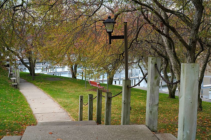 A riverside walkway in Manistee, Michigan.