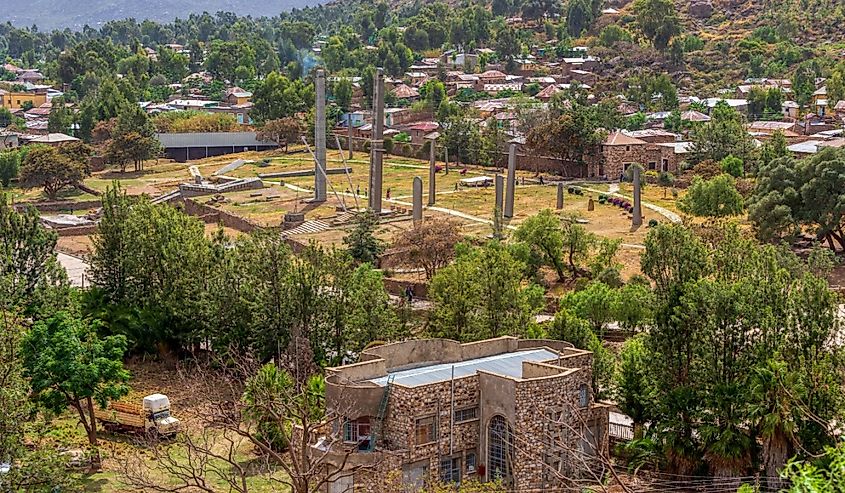 Ancient monolith stone obelisk, symbol of the old Aksumite civilization in city Aksum, Ethiopia.