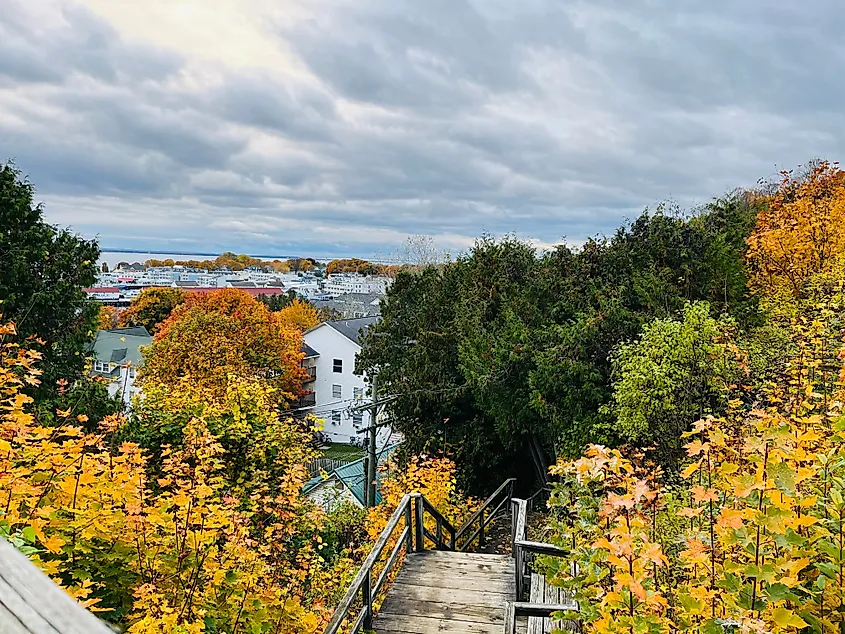 Staircase overlooking the downtown area of Mackinac Island.