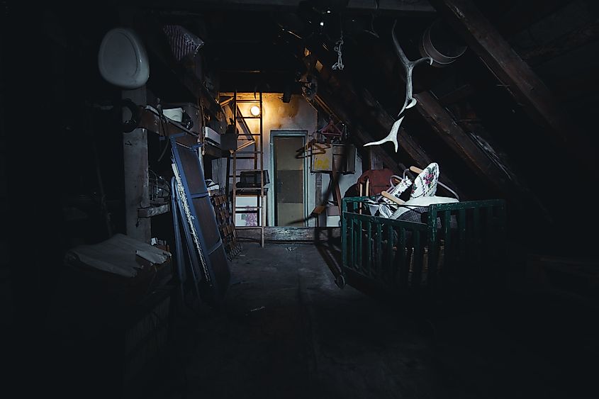 Spooky attic in the dark.