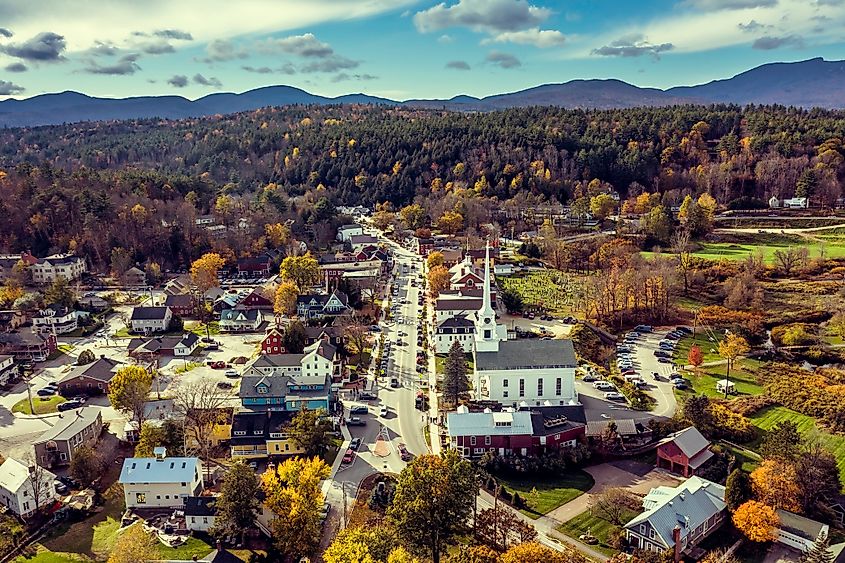 Aerial view of Main Street in Stowe, Vermont.