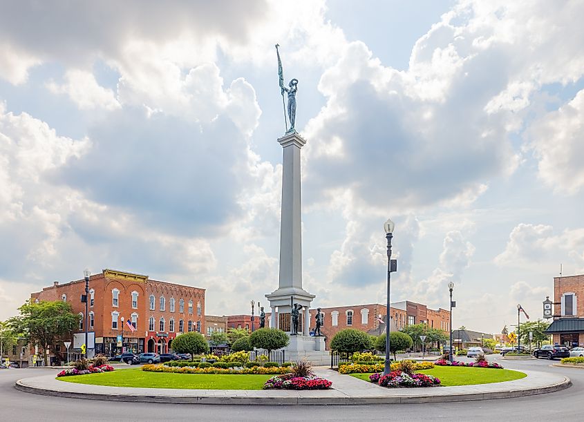 The Steuben County Soldiers Monument in downtown Angola, Indiana.