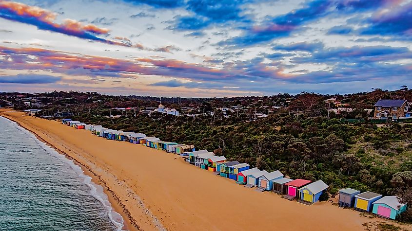 The colourful bathing boxes on the Mornington Peninsula, Victoria.
