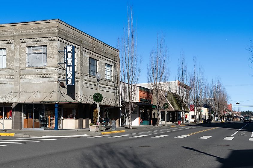 Cityscape of Commercial Avenue in Anacortes with Burton Jewelry building.