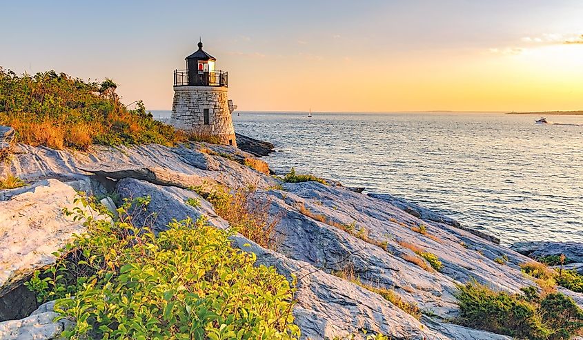 Castle Hill Lighthouse at twilight during the golden hour just before sunset, Newport, Rhode Island.