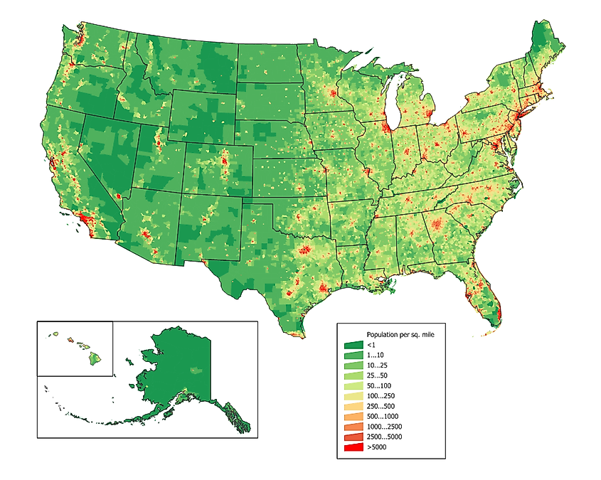 United States population density map based on Census data. Source: Wikimedia/JimIrwin