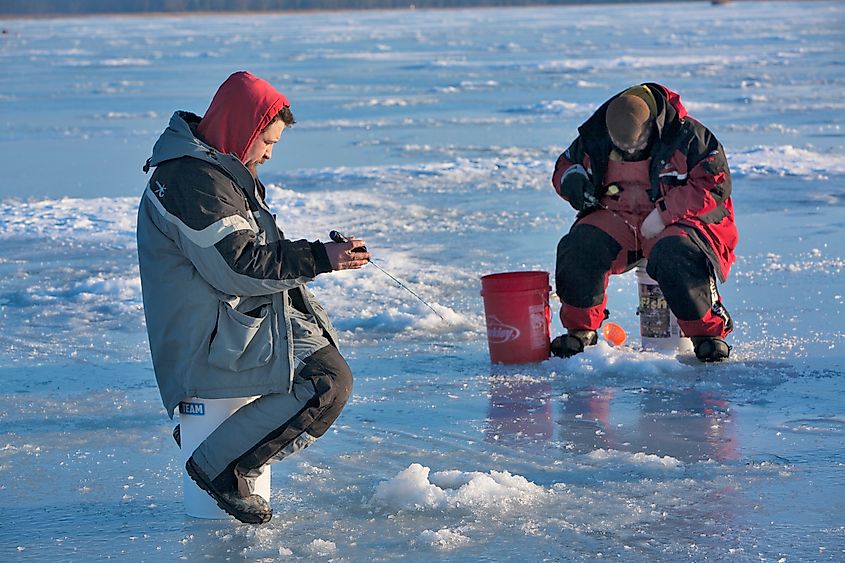 Anglers ice fishing in Milton, Vermont
