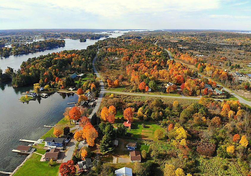 An aerial view of the waterfront residential area on Wellesley Island, New York