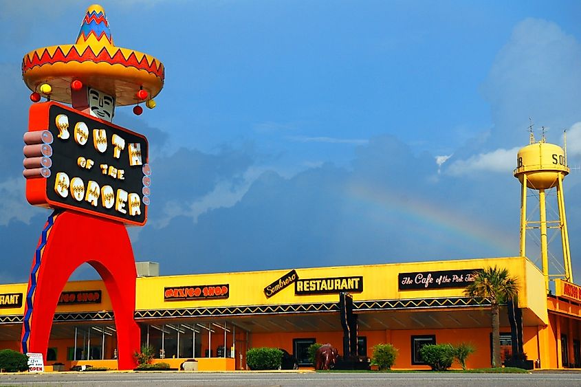 A rainbow forms over the South of the Border tourist area in Hamer, South Carolina