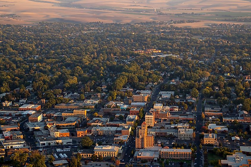 Aerial view of downtown Walla Walla, Washington, captured from a small airplane