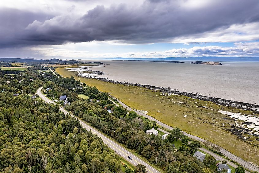 Aerial view of Route 132 and Saint Lawrence River in Notre-Dame-du-Portage, Quebec.