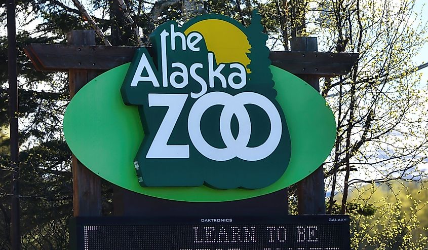 Green sign at the Alaska Zoo in Anchorage, Alaska on a spring day.