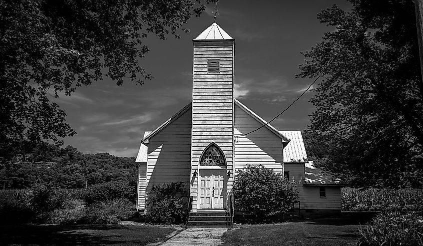 Black and white photo of Fults, Illinois, USA 09/21/2020. Old Church still idles during Covid 19 Pandemic.