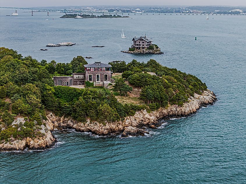 An aerial view over the rocks and rocky shores of Fort Wetherill State Park in Jamestown, Rhode Island