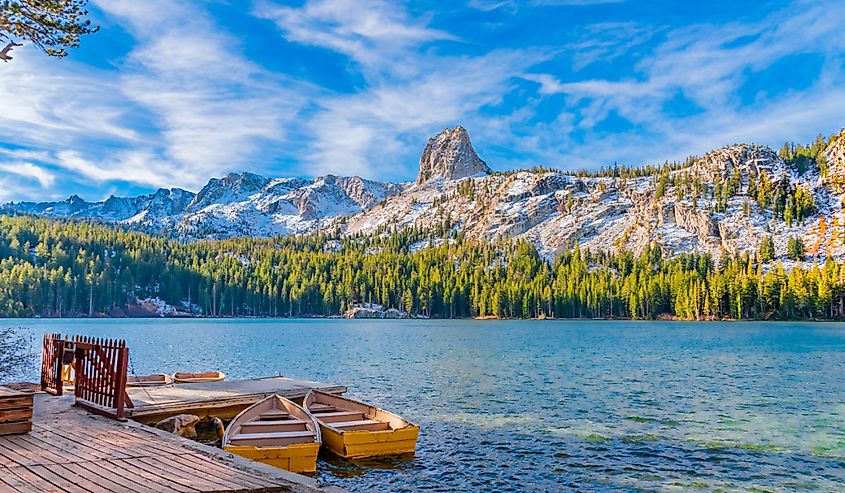 Boats docked on Mammoth Lakes.