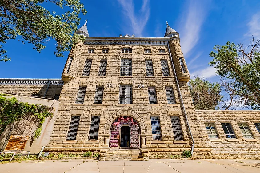 Sunny exterior view of the Wyoming Frontier Prison Museum at Rawlins, Wyoming