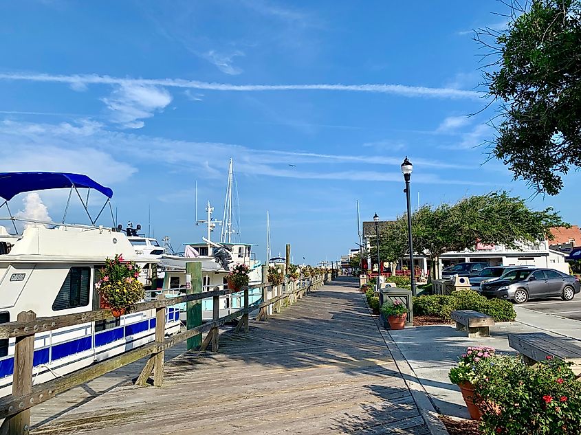 Beautiful summer day on the boardwalk waterfront in Beaufort.