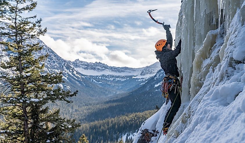 Ice climbers climbing frozen waterfalls in Hyalite Canyon, in Bozeman, Montana