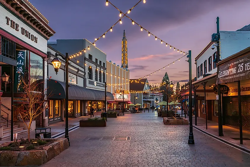 The Plaza on Mill Street at dusk in Grass Valley, California.