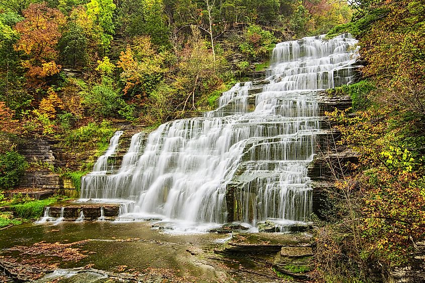 Hector falls in New York surrounded by trees and plants with peak fall colors. A beautiful roadside waterfall just north of Watkins Glen.