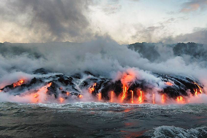 Lava flowing into the Pacific Ocean. 