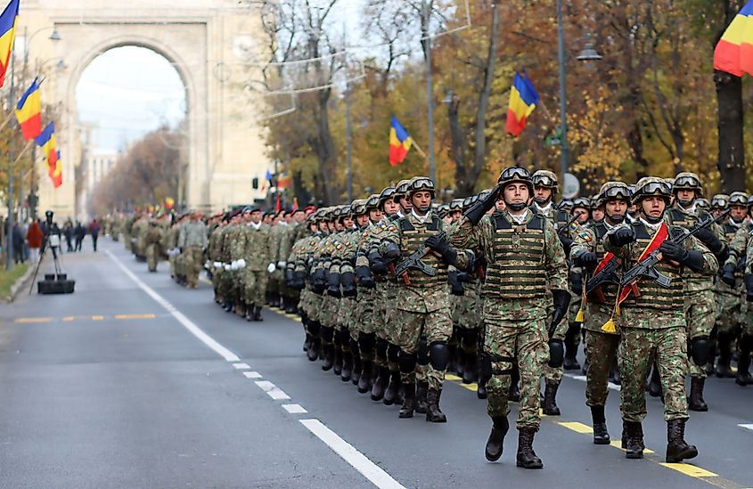 Romanian soldiers taking part in a military parade, Bucharest 2023. Credit Shutterstock: Cristian-Alexandru.