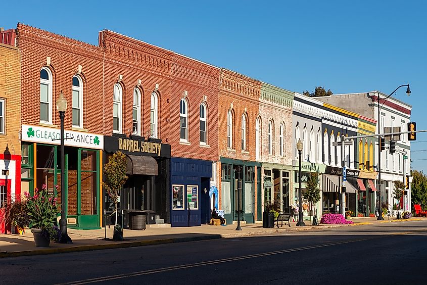 Colorful old brick buildings and storefronts in downtown Princeton, Illinois.