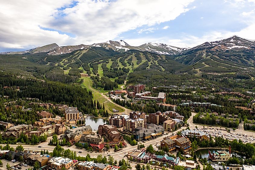 Aerial drone view of the rugged Rocky Mountains in Breckenridge, Colorado.