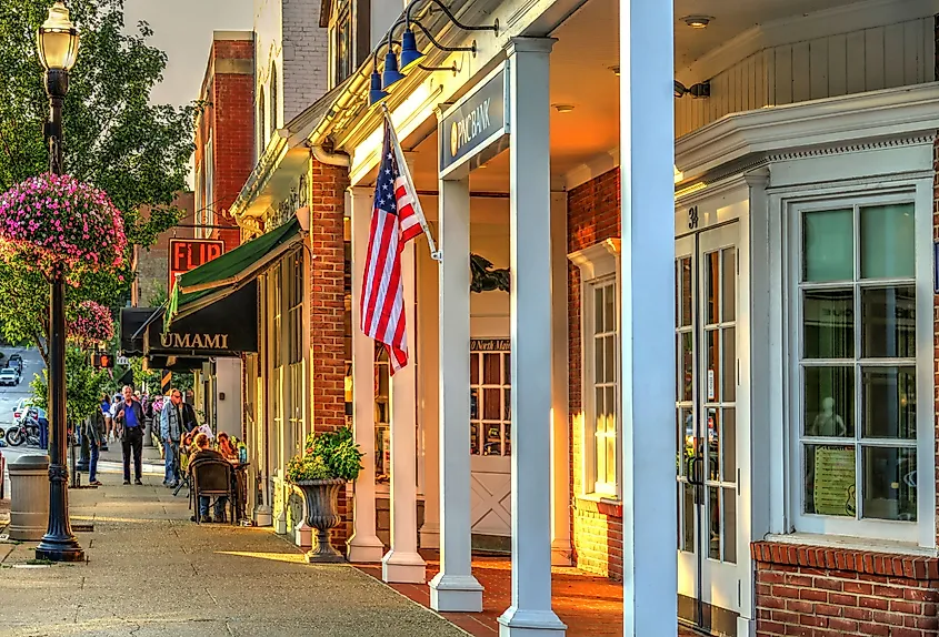 Downtown Chagrin Falls, Ohio, with people dining on the Main Street.