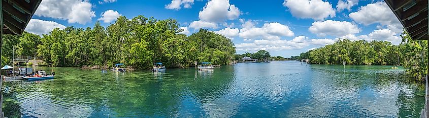 Panoramic view of the Homosassa River from Ellie Schiller Homosassa Springs Wildlife State Park in Homosassa, Florida.