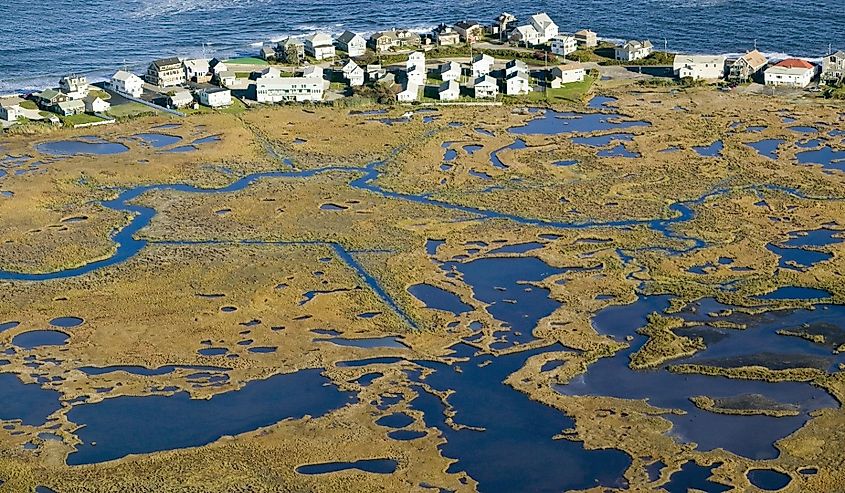 Aerial view of marsh and Rachel Carson Wildlife Sanctuary in Wells, south of Portland, Maine