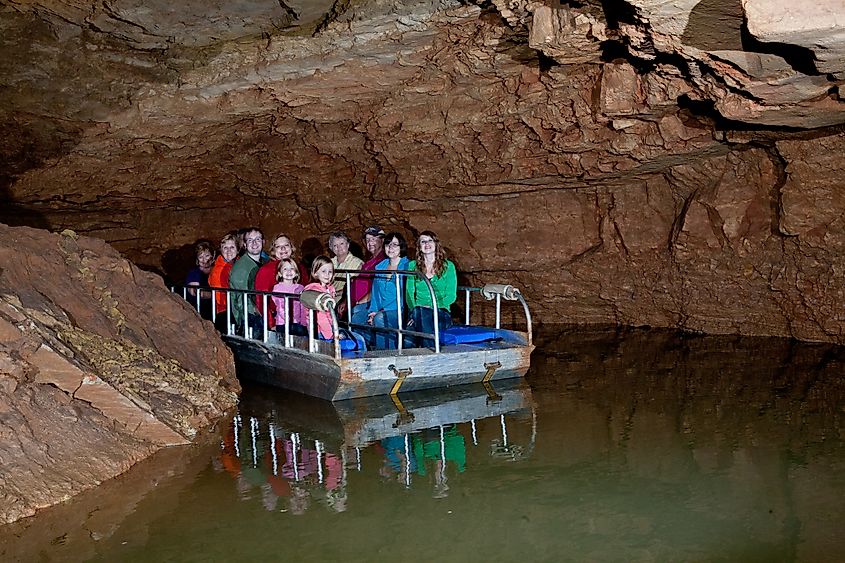Underground boat ride at Indiana Caverns in Corydon, Indiana.