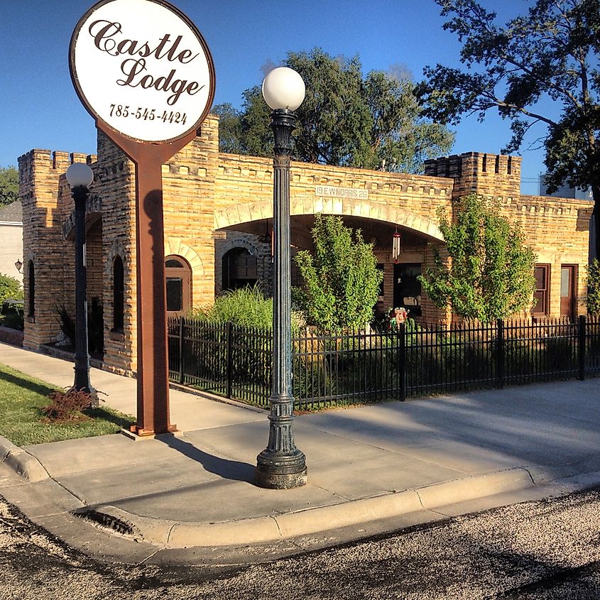 The E. W. Norris Service Station, also known as Castle Lodge, in Glen Elder, Kansas.