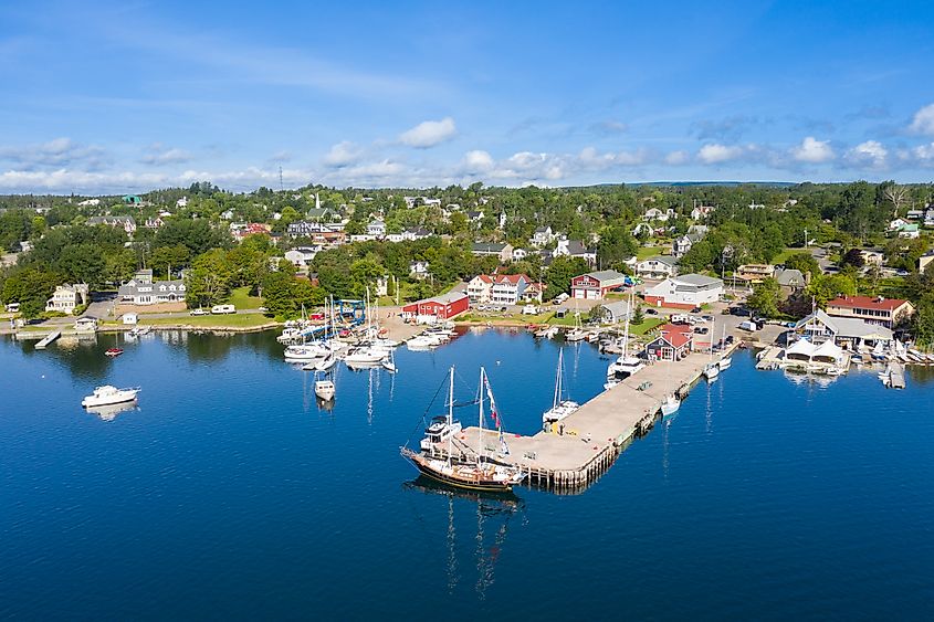 Aerial view of the marina in Baddeck, Nova Scotia