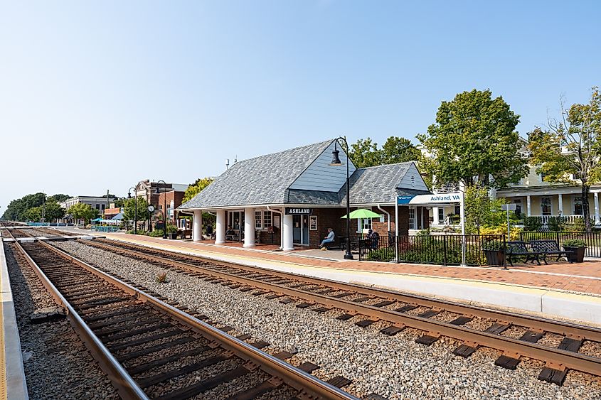 : The Amtrak Station in Ashland, Virginia, on a clear sunny day.