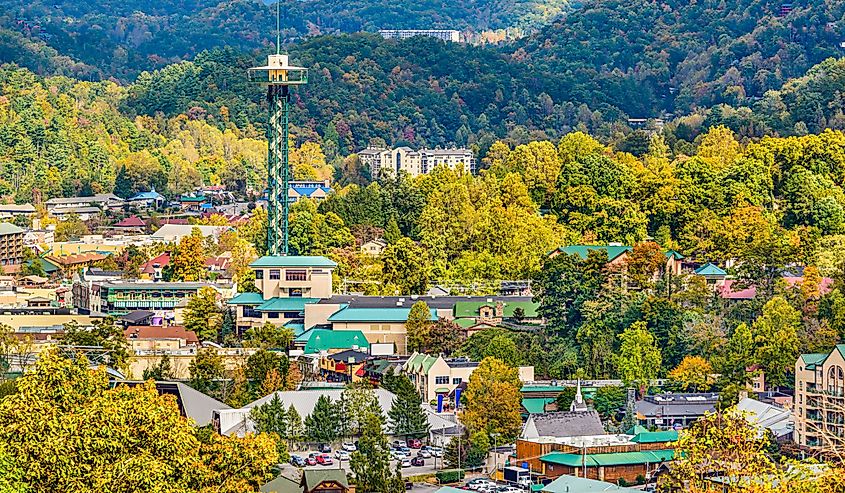 Gatlinburg, Tennessee townscape in the Smoky Mountains.